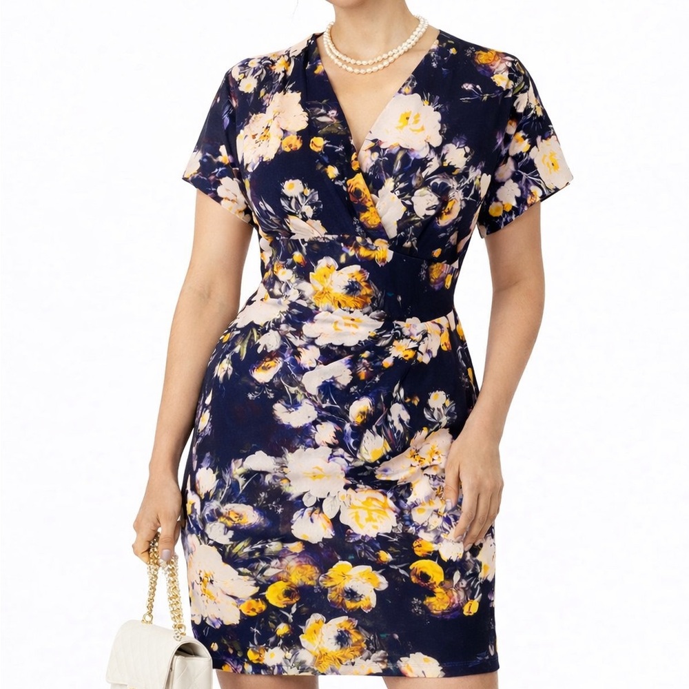 Closet London Black-Yellow Floral‎ Faux Wrap Dress